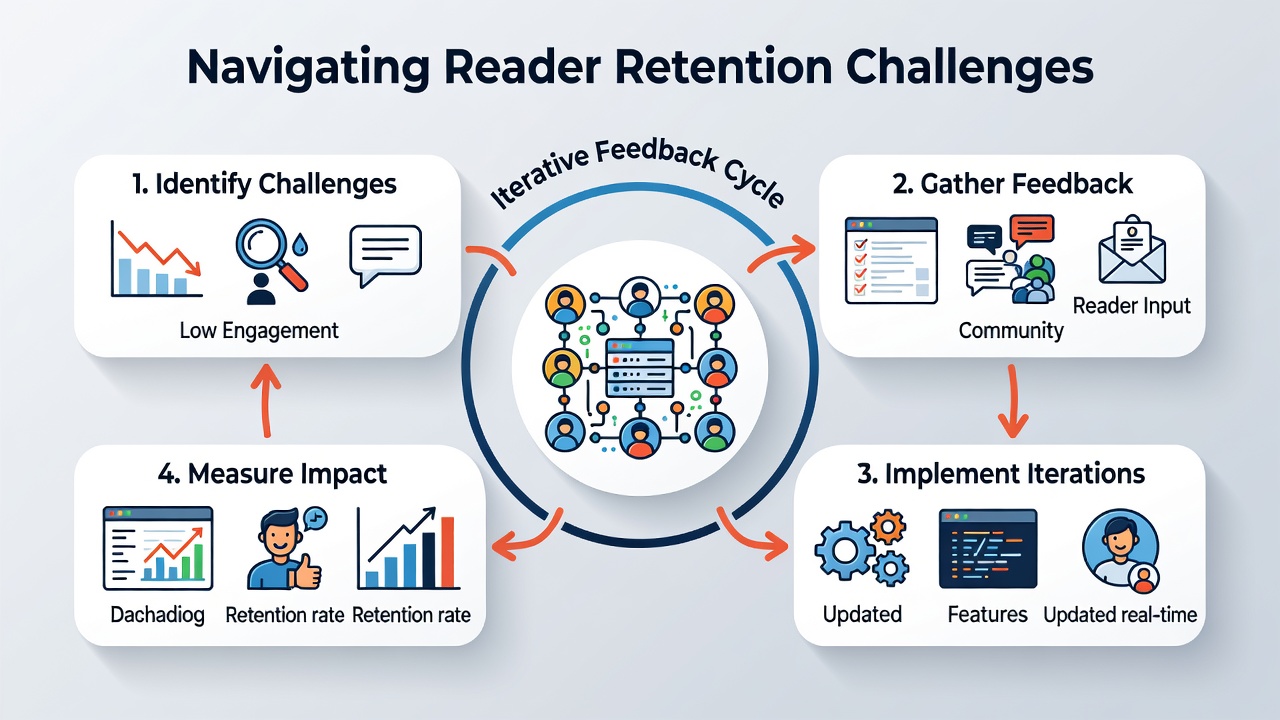 Data visualization dashboards displaying community retention metrics and feedback loop iterations on specialized forums