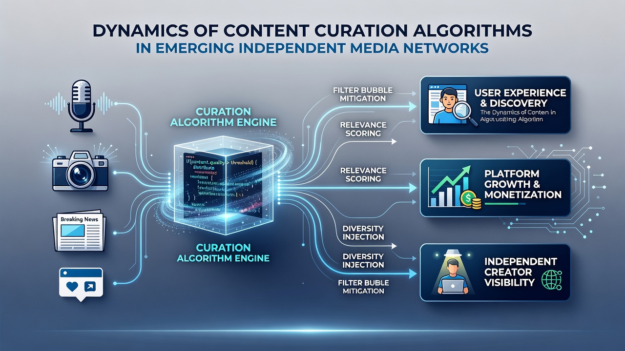 Network diagram showing connections between independent media sites and algorithmic recommendation layers